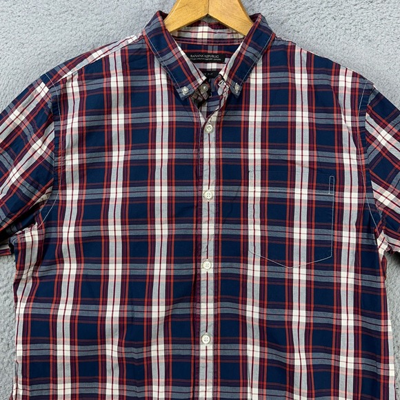 Banana Republic Shirt Button Down Mens Large Blue Red Pinpoint Oxford Grant Fit - Picture 1 of 8